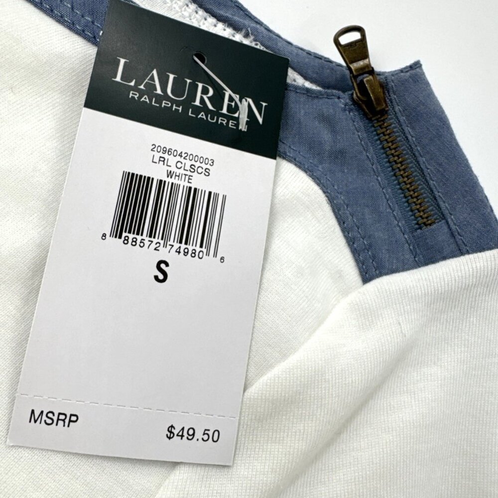Lauren Ralph Lauren Shirt Small Trim Zip Neck Short Sleeve White Preppy NEW read - Picture 3 of 10